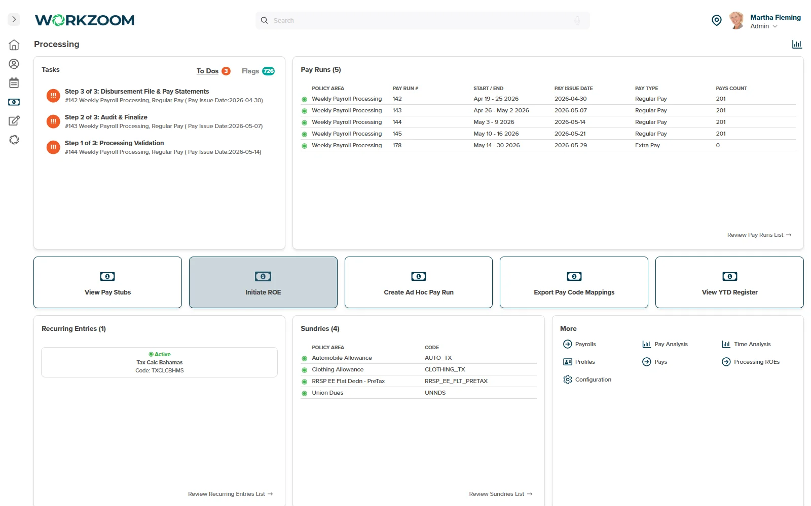 Workzoom payroll processing run with bank transmissions for franchises teams