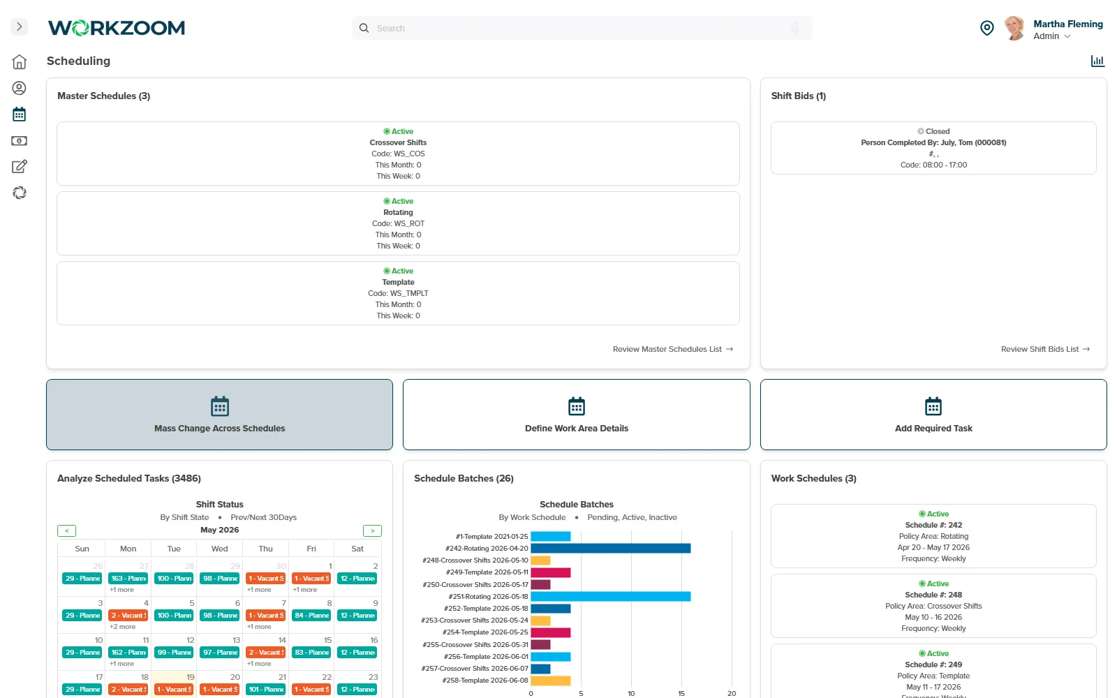 Workzoom scheduling dashboard with master schedules and shift batches for manufacturing teams