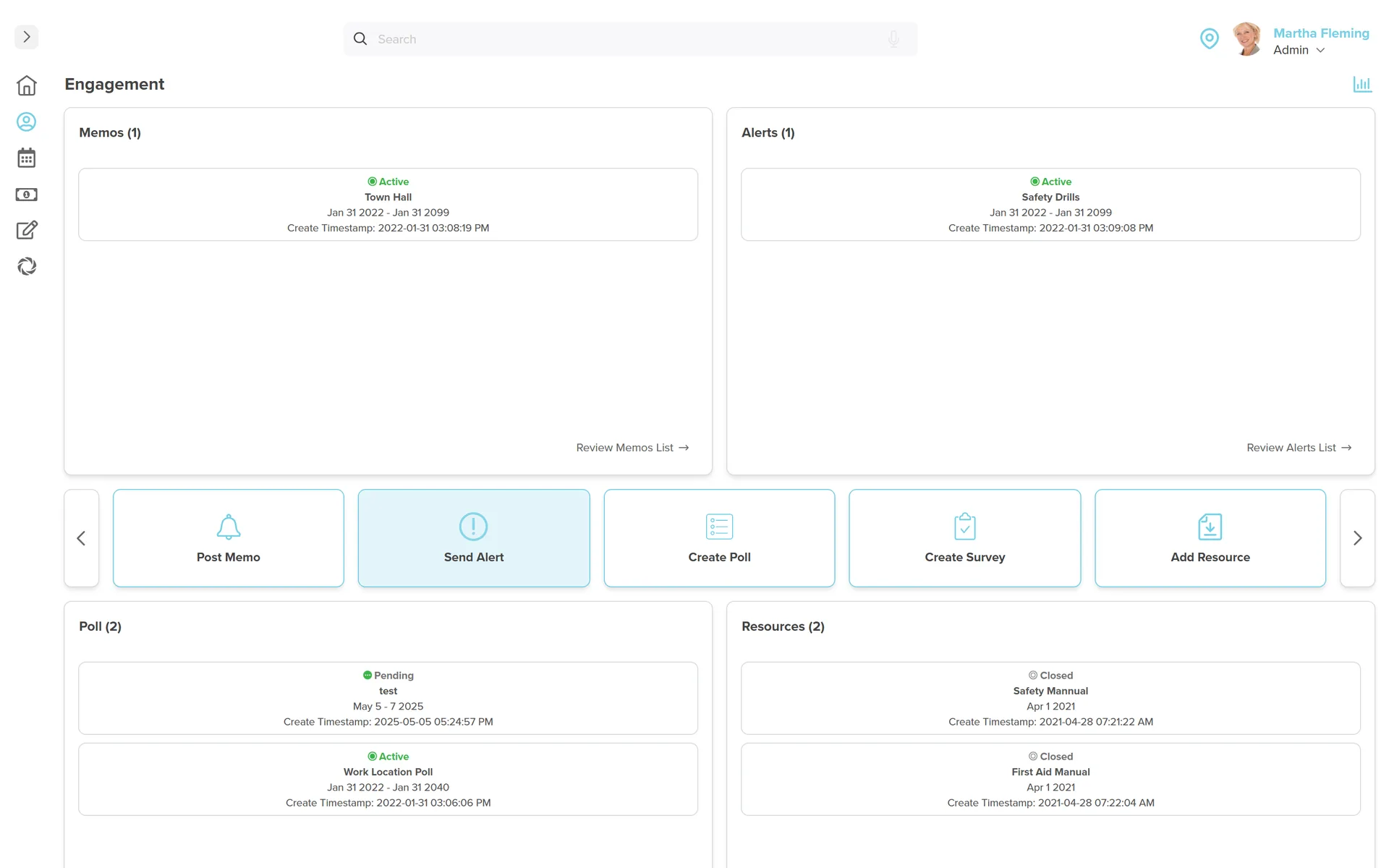 Workzoom Engagement admin dashboard: a Town Hall memo and a Safety Drills alert, two active polls, two resource documents (Safety Manual, First Aid Manual), and quick actions to post a memo, send an alert, create a poll or survey, and add a resource, all on one screen.