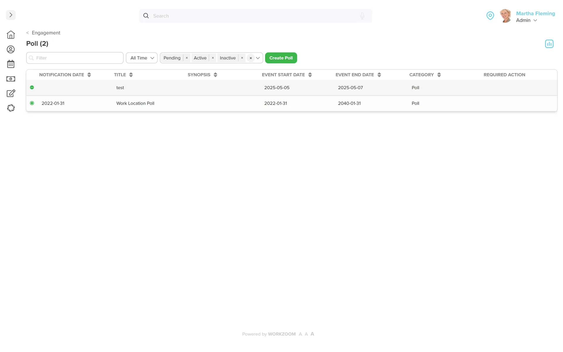 Workzoom Engagement poll list: two polls tracked by notification date, title, synopsis, event start and end date, and category, with status filters for pending, active, and inactive and a Create Poll action.