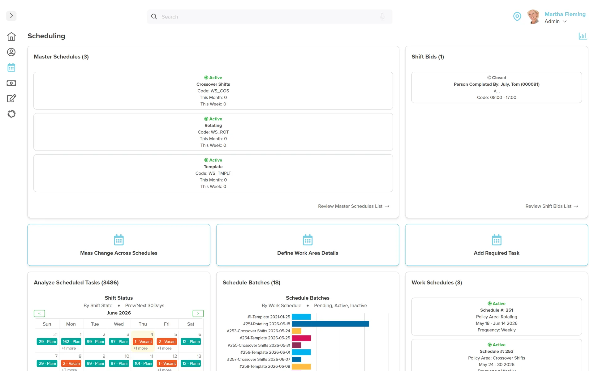 Workzoom Scheduling admin dashboard showing master schedules, shift bids, schedule batches, and work schedules