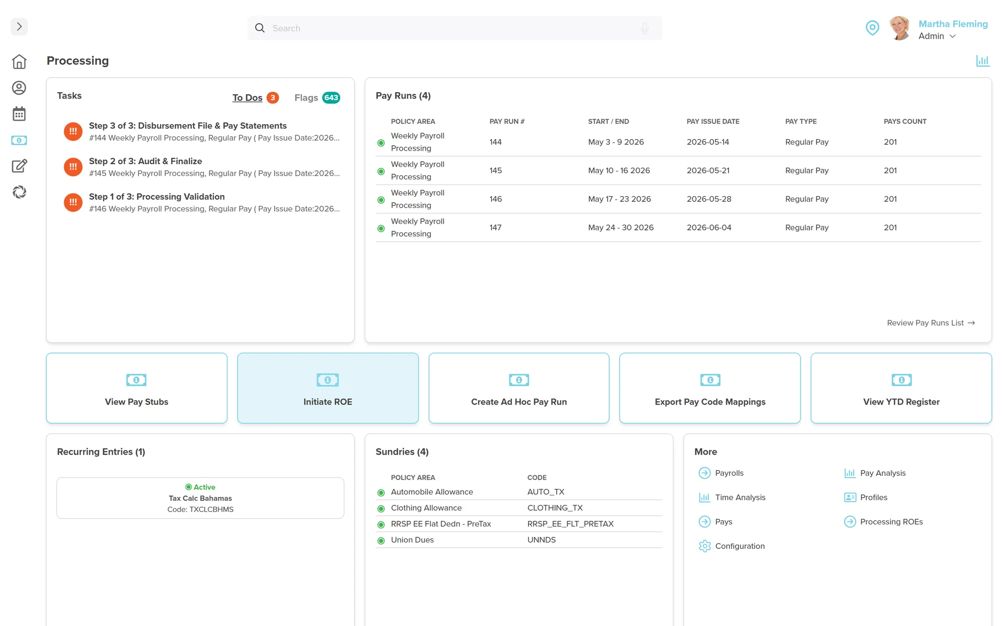 Workzoom payroll processing dashboard showing the three-step pay run workflow with weekly pay runs, issue dates, and pay counts