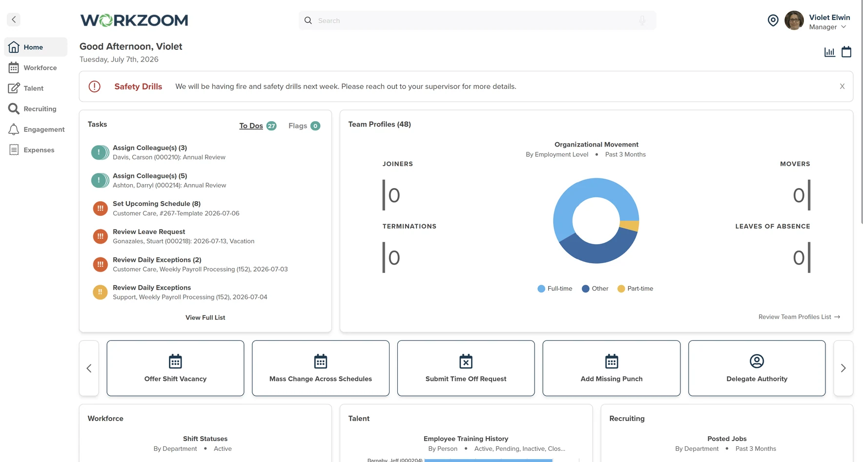 Workzoom timekeeping dashboard showing a timesheet overview by pay run, period hours by person over the past three months, clocking entries, and project cost areas