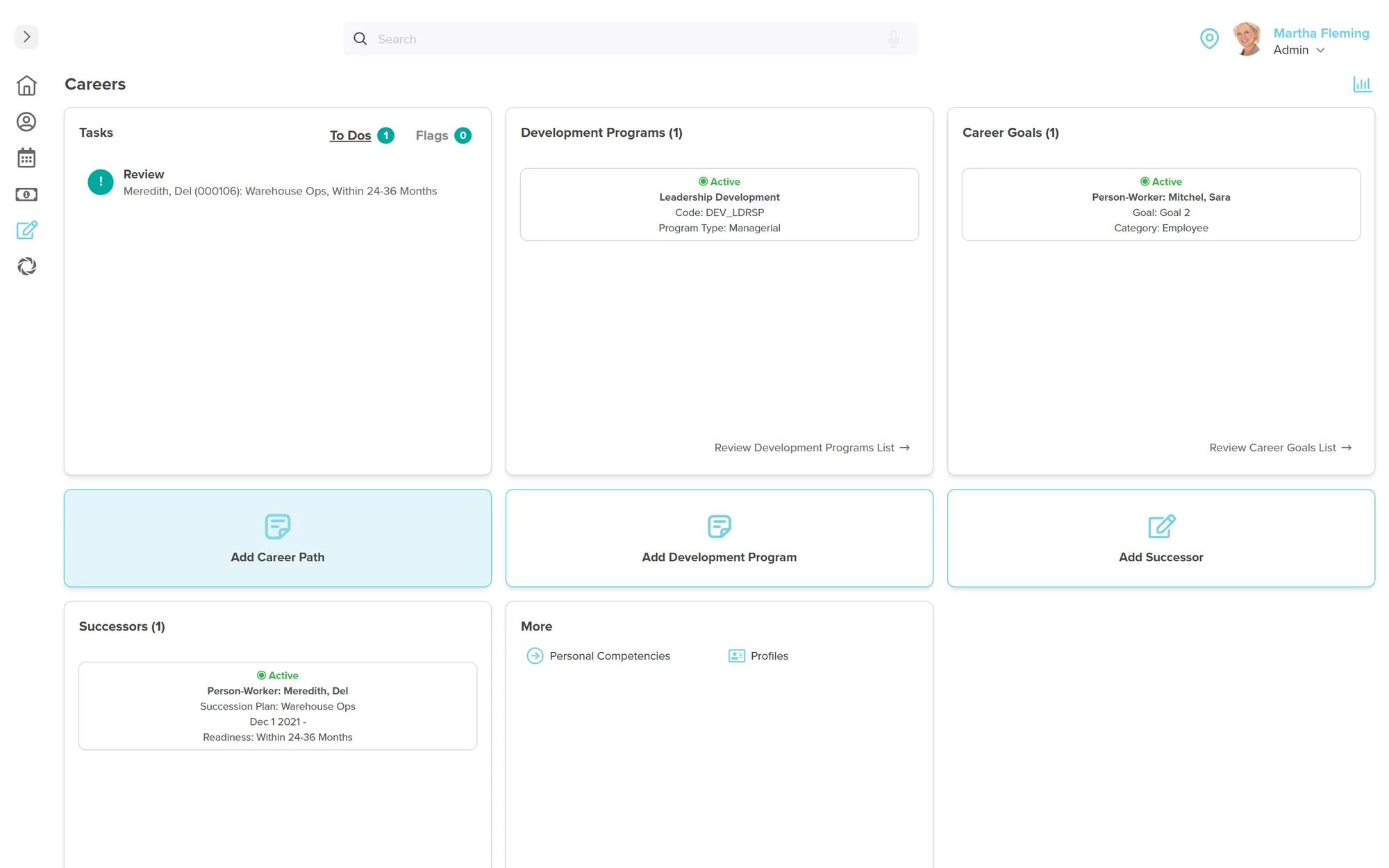 Workzoom Careers dashboard showing a Tasks review panel, Development Programs and Career Goals cards, plus Successors and a More panel linking to Personal Competencies and Profiles.