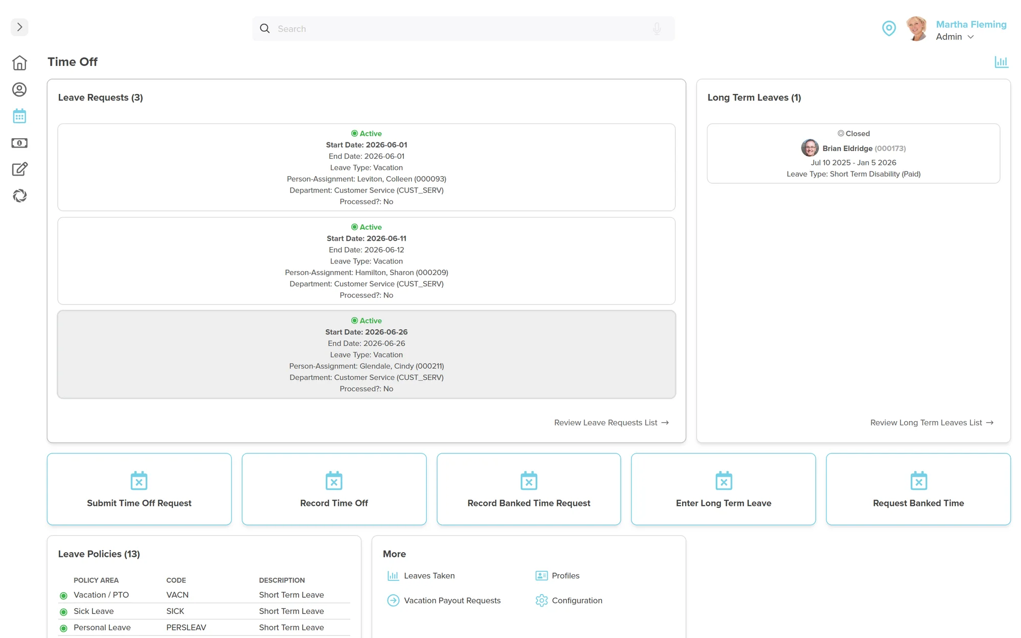 Workzoom leave management software screen showing active requests with start and end dates, long-term leave, a leave policies table and quick actions.