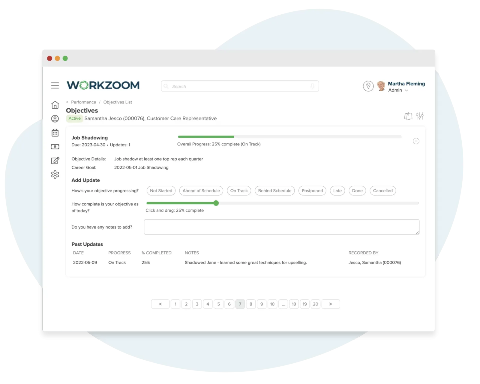 Workzoom performance dashboard showing talent ratings by department, active career goals with categories, and career objectives by goal progress