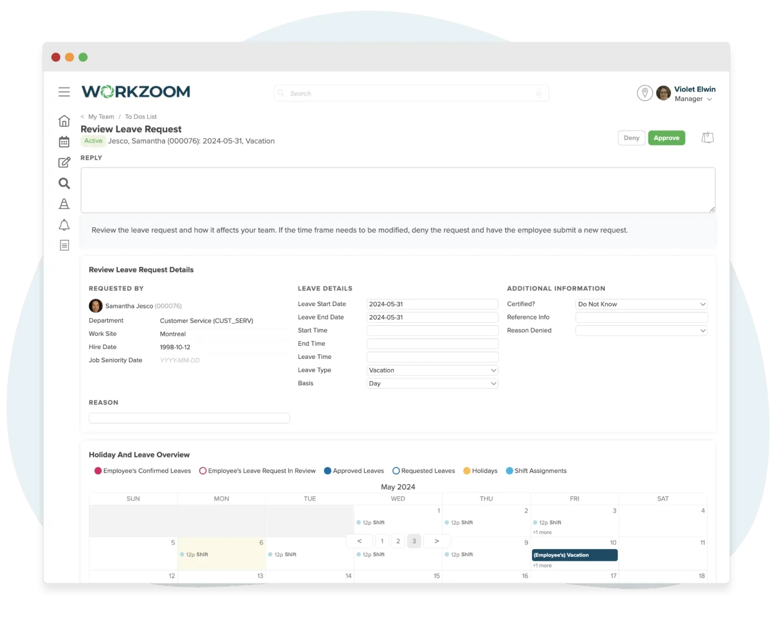 Workzoom leave management software screen showing active requests with start and end dates, long-term leave, a leave policies table and quick actions.