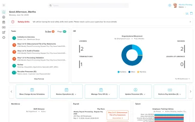 Workzoom HR dashboard showing an administrator home with a task list, an organizational movement donut chart, quick actions, and Workforce, Payroll, and Talent summary panels